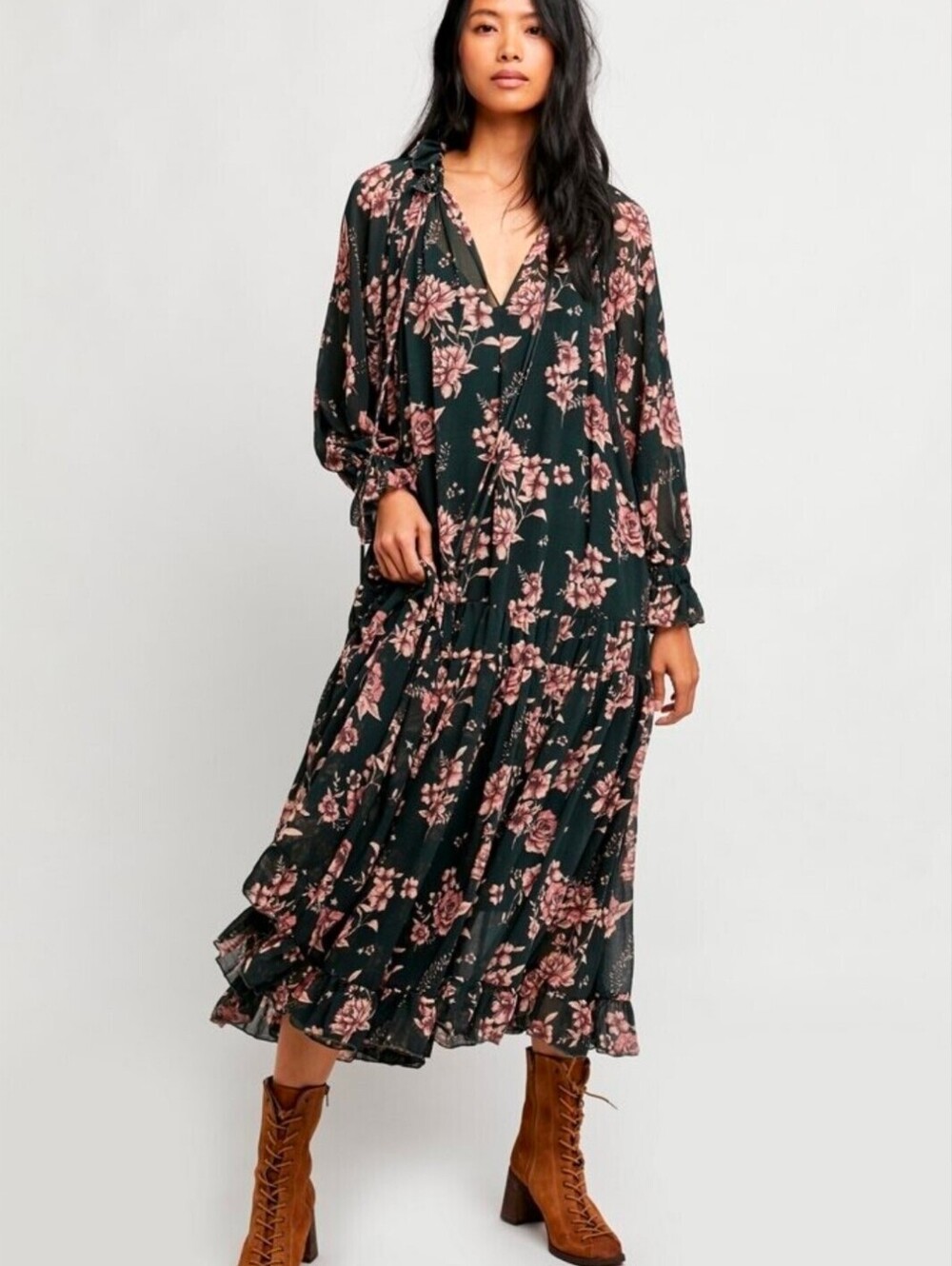 NWT $168 Free People Floral Maxi Dress Green Pink